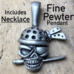 New! Vintage Fine Pewter Pirate Skull Head w Knife, Signature Eye Patch Necklace